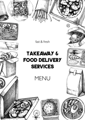 Engraved fast food restaurant frame. Hand-drawn vector illustration. Burger, pizza box, paper bag, coffee cup sketch. Takeaway food or delivery menu design, poster template